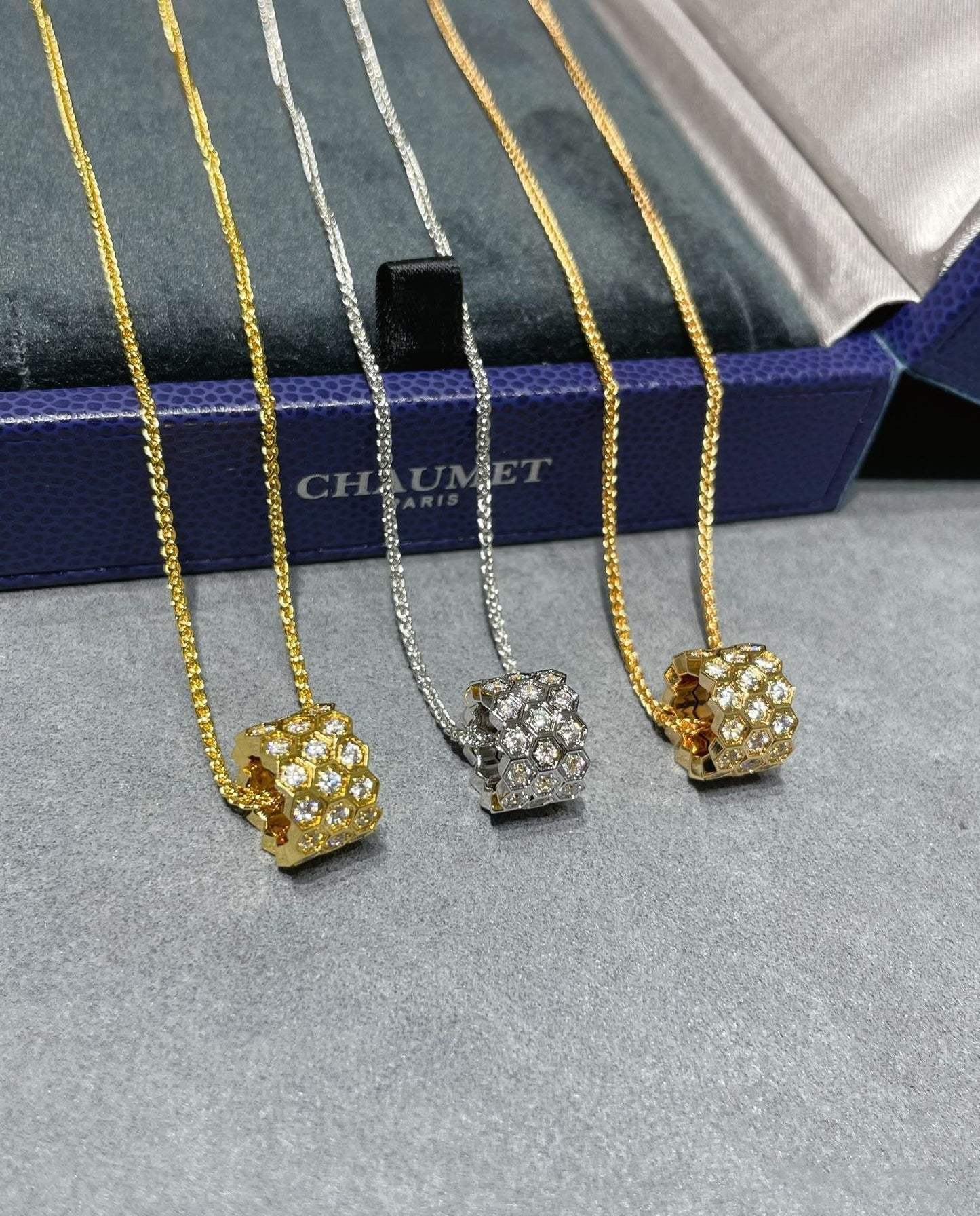 ˇGilded EraˇBEE LOVE DIAMOND PAVED 3 ROW NECKLACE