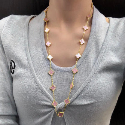 ˇGilded EraˇCLOVER 20 MOTIFS PINK MOP NECKLACE