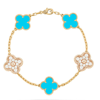 ˇGilded EraˇCLOVER 5 MOTIF TURQUOISE DIAMOND GOLD BRACELET