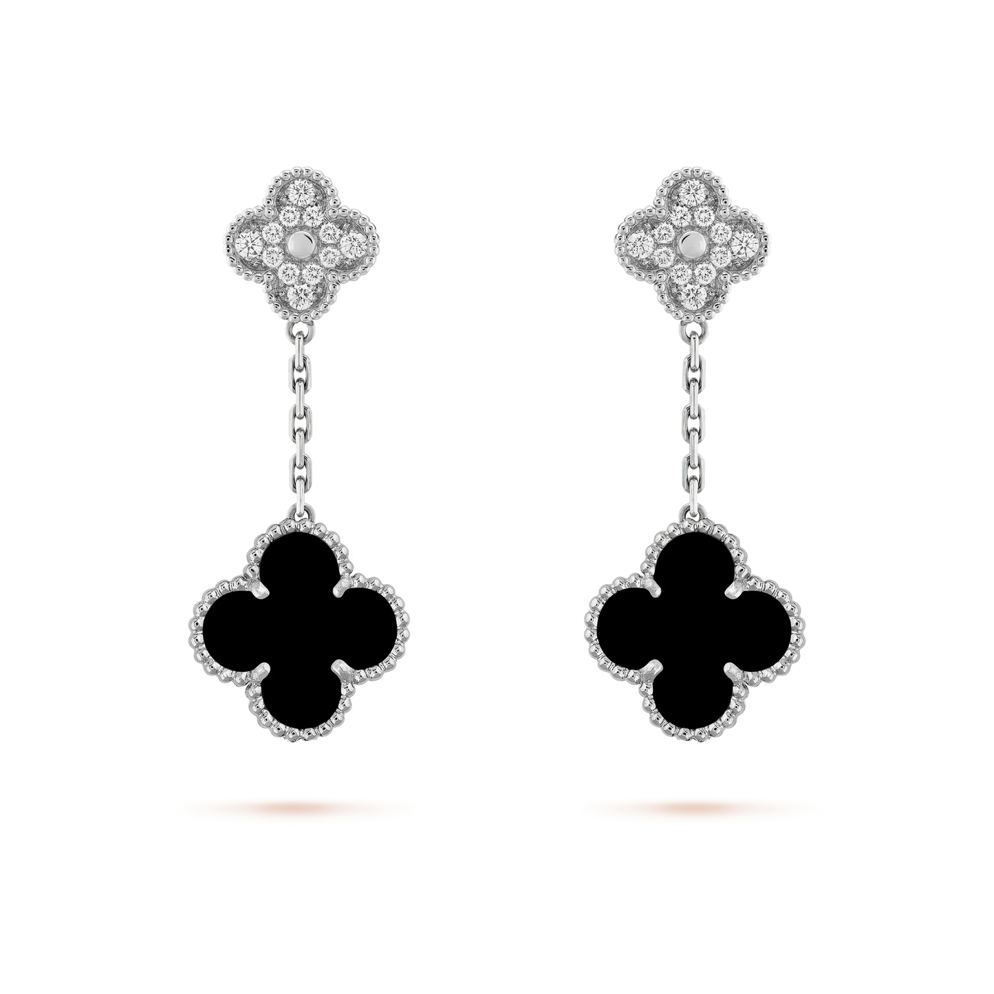 ˇGilded EraˇCLOVER 2 MOTIFS  DIAMOND ONYX EARRINGS SILVER