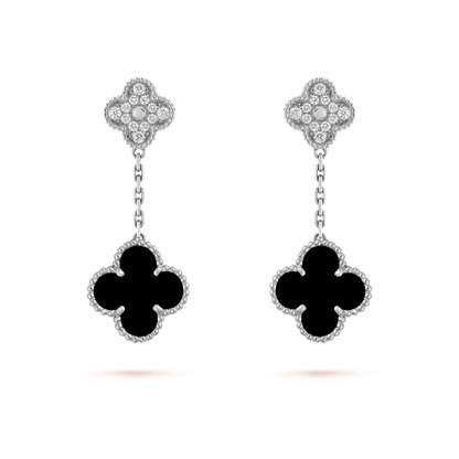 ˇGilded EraˇCLOVER 2 MOTIFS  DIAMOND ONYX EARRINGS SILVER