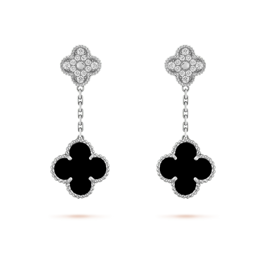 ˇGilded EraˇCLOVER 2 MOTIFS  DIAMOND ONYX EARRINGS SILVER