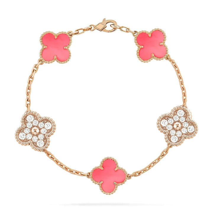 ˇGilded EraˇCLOVER 5 MOTIF DIAMOND PINK MOP PINK GOLD BRACELET