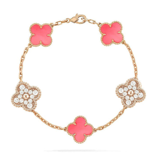 ˇGilded EraˇCLOVER 5 MOTIF DIAMOND PINK MOP PINK GOLD BRACELET