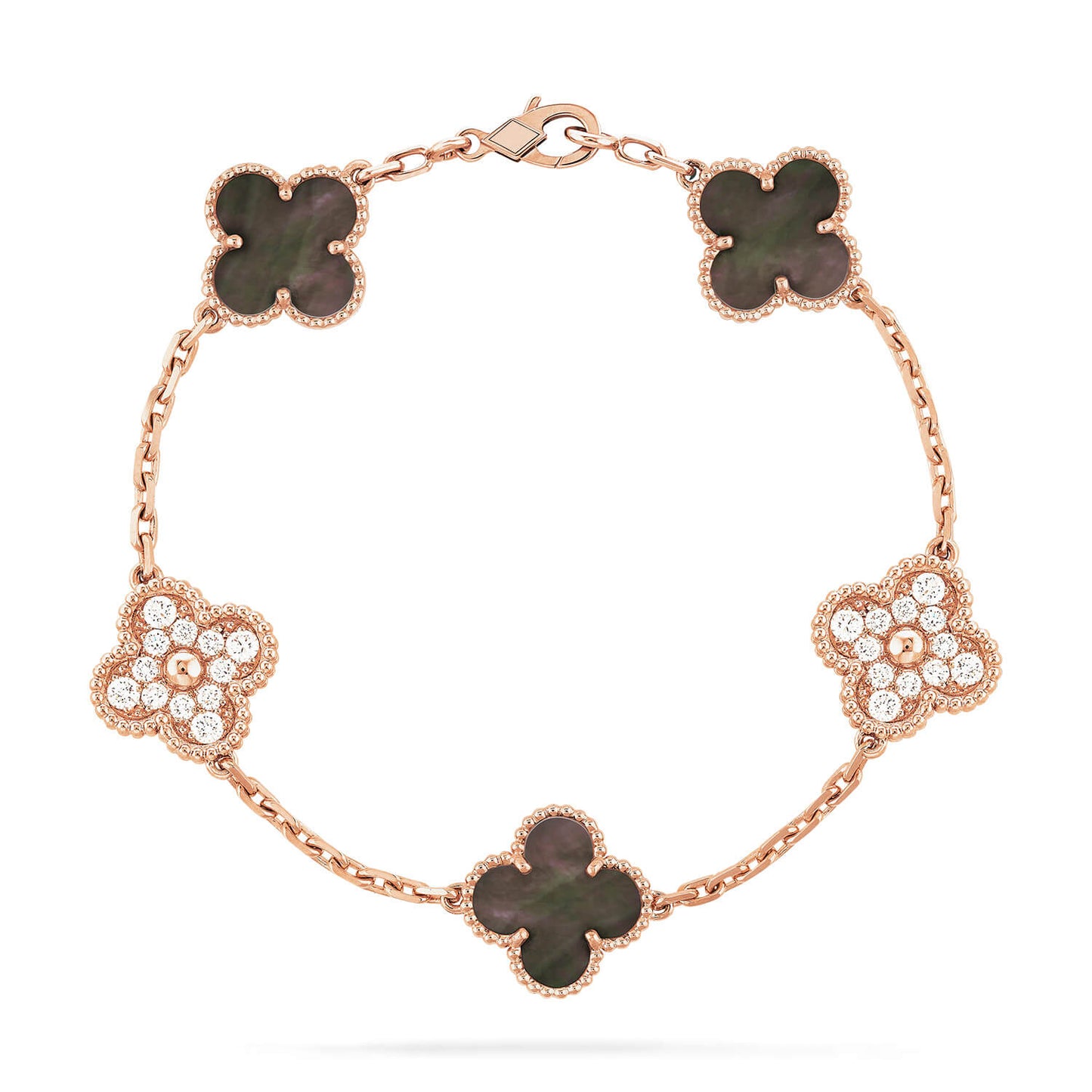 ˇGilded EraˇCLOVER 5 MOTIFS DARK MOP AND DIAMONDS PINK GOLD BRACELET