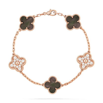 ˇGilded EraˇCLOVER 5 MOTIFS DARK MOP AND DIAMONDS PINK GOLD BRACELET