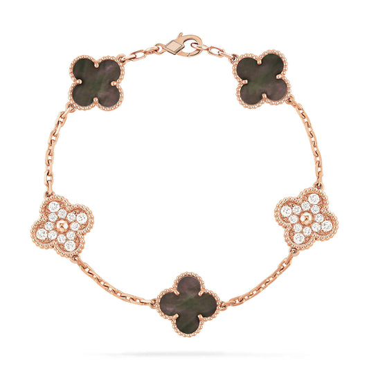 ˇGilded EraˇCLOVER 5 MOTIFS DARK MOP AND DIAMONDS PINK GOLD BRACELET