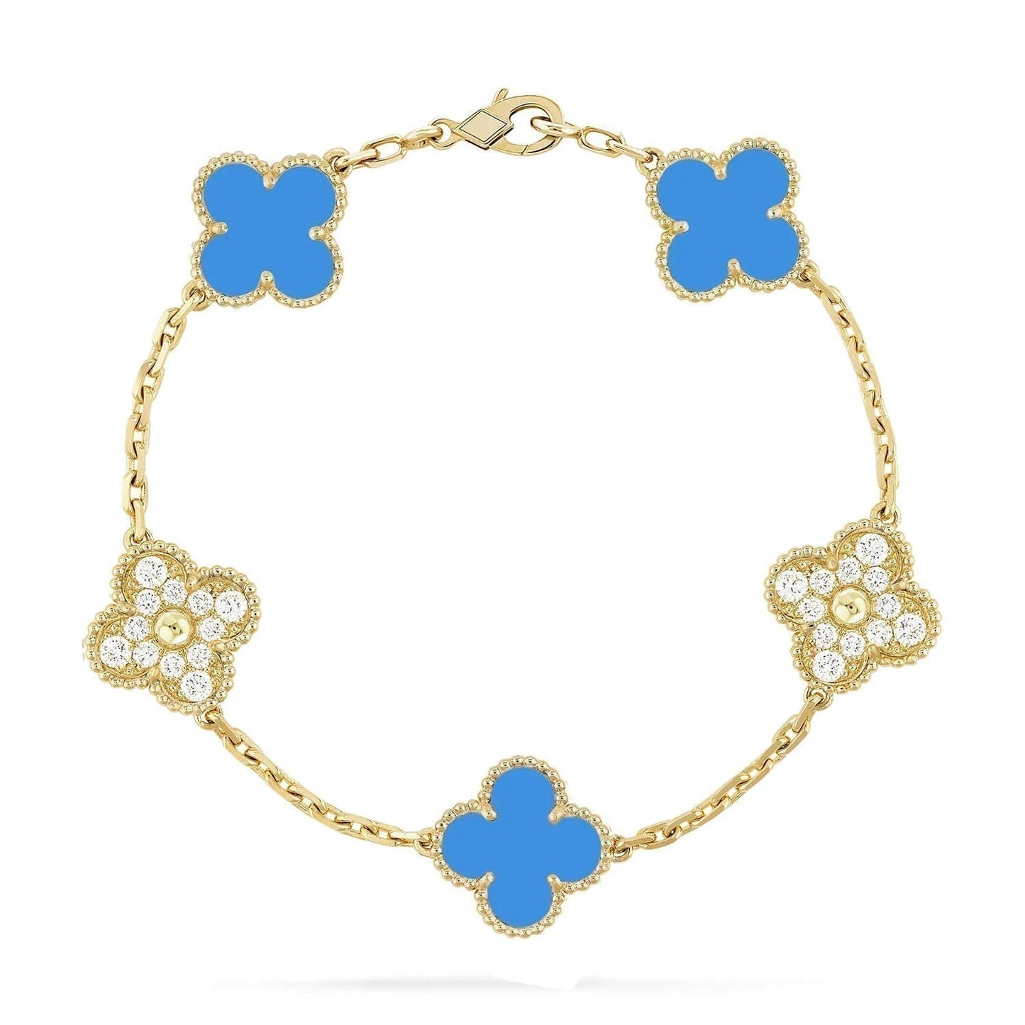 ˇGilded EraˇCLOVER 5 MOTIF BLUE CHALCEDONY DIAMOND GOLD BRACELET