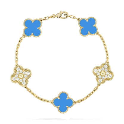 ˇGilded EraˇCLOVER 5 MOTIF BLUE CHALCEDONY DIAMOND GOLD BRACELET