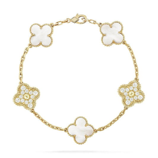 ˇGilded EraˇCLOVER BRACELET 5 MOTIF WHITE MOP DIAMOND