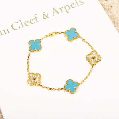 ˇGilded EraˇCLOVER 5 MOTIF TURQUOISE DIAMOND GOLD BRACELET