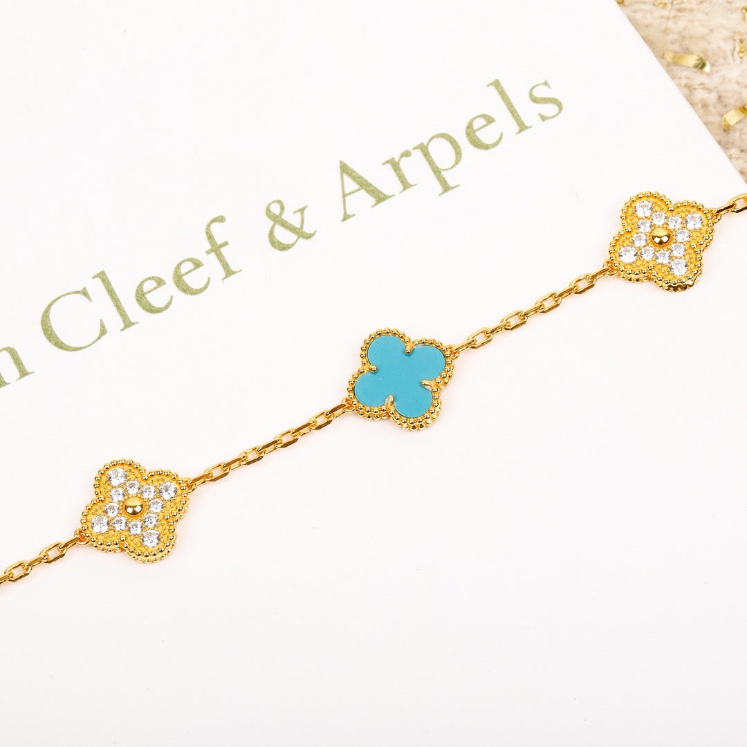 ˇGilded EraˇCLOVER 5 MOTIF TURQUOISE DIAMOND GOLD BRACELET