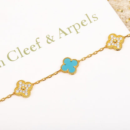 ˇGilded EraˇCLOVER 5 MOTIF TURQUOISE DIAMOND GOLD BRACELET