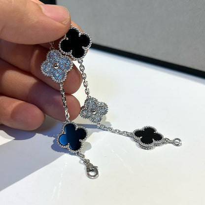 ˇGilded EraˇCLOVER 5 MOTIF ONYXS DIAMOND BRACELET SILVER