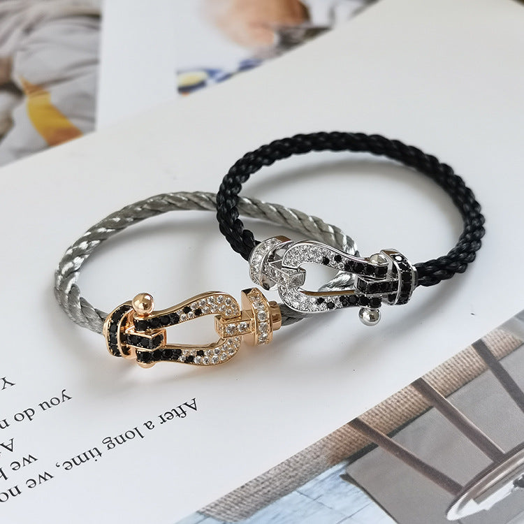 ˇGilded EraˇFORCE LARGE HORSESHOE BLACK WHITE DIAMOND BRACELET SILVER
