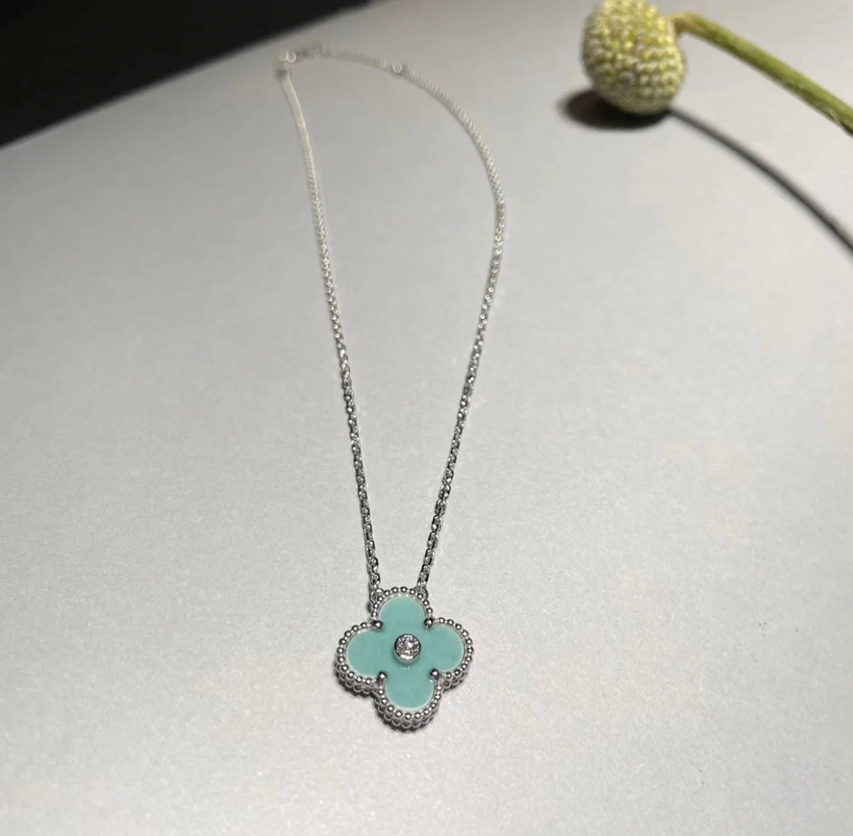 ˇGilded EraˇCLOVER 1 DIAMOND LIGHT BLUE SILVER NECKLACE