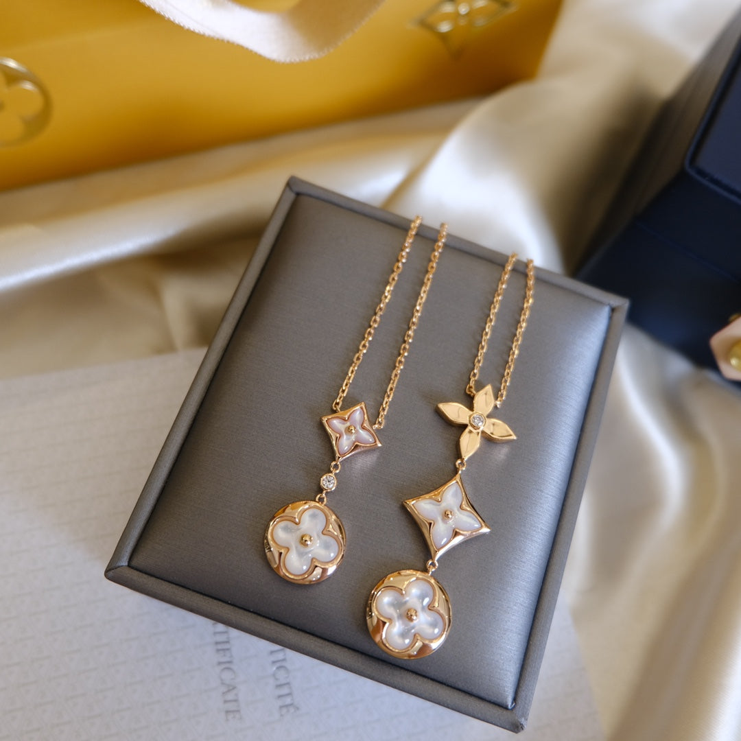 ˇGilded EraˇCOLOR BLOSSOM LARIAT NECKLACE PINK GOLD WHITE MOTHER PEARL AND DIAMOND
