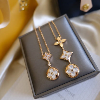ˇGilded EraˇCOLOR BLOSSOM LARIAT NECKLACE PINK GOLD WHITE MOTHER PEARL AND DIAMOND