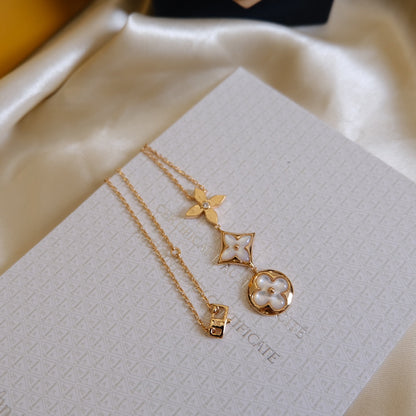 ˇGilded EraˇCOLOR BLOSSOM LARIAT NECKLACE PINK GOLD WHITE MOTHER PEARL AND DIAMOND