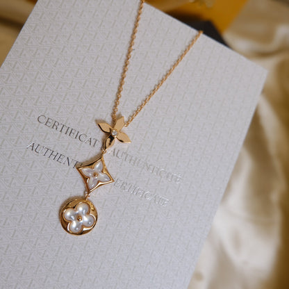 ˇGilded EraˇCOLOR BLOSSOM LARIAT NECKLACE PINK GOLD WHITE MOTHER PEARL AND DIAMOND
