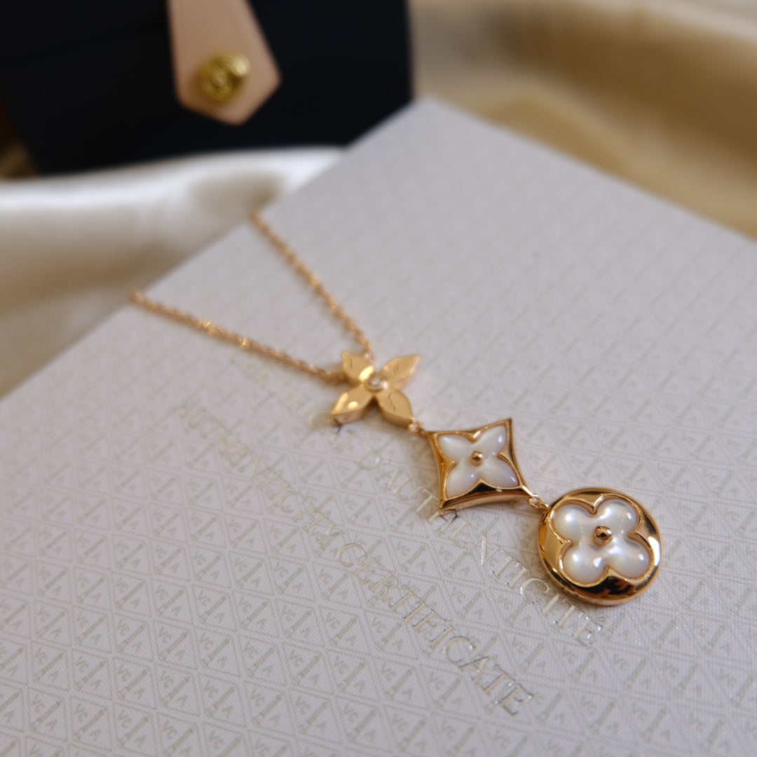 ˇGilded EraˇCOLOR BLOSSOM LARIAT NECKLACE PINK GOLD WHITE MOTHER PEARL AND DIAMOND