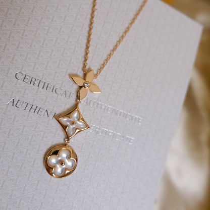 ˇGilded EraˇCOLOR BLOSSOM LARIAT NECKLACE PINK GOLD WHITE MOTHER PEARL AND DIAMOND
