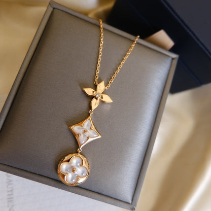 ˇGilded EraˇCOLOR BLOSSOM LARIAT NECKLACE PINK GOLD WHITE MOTHER PEARL AND DIAMOND