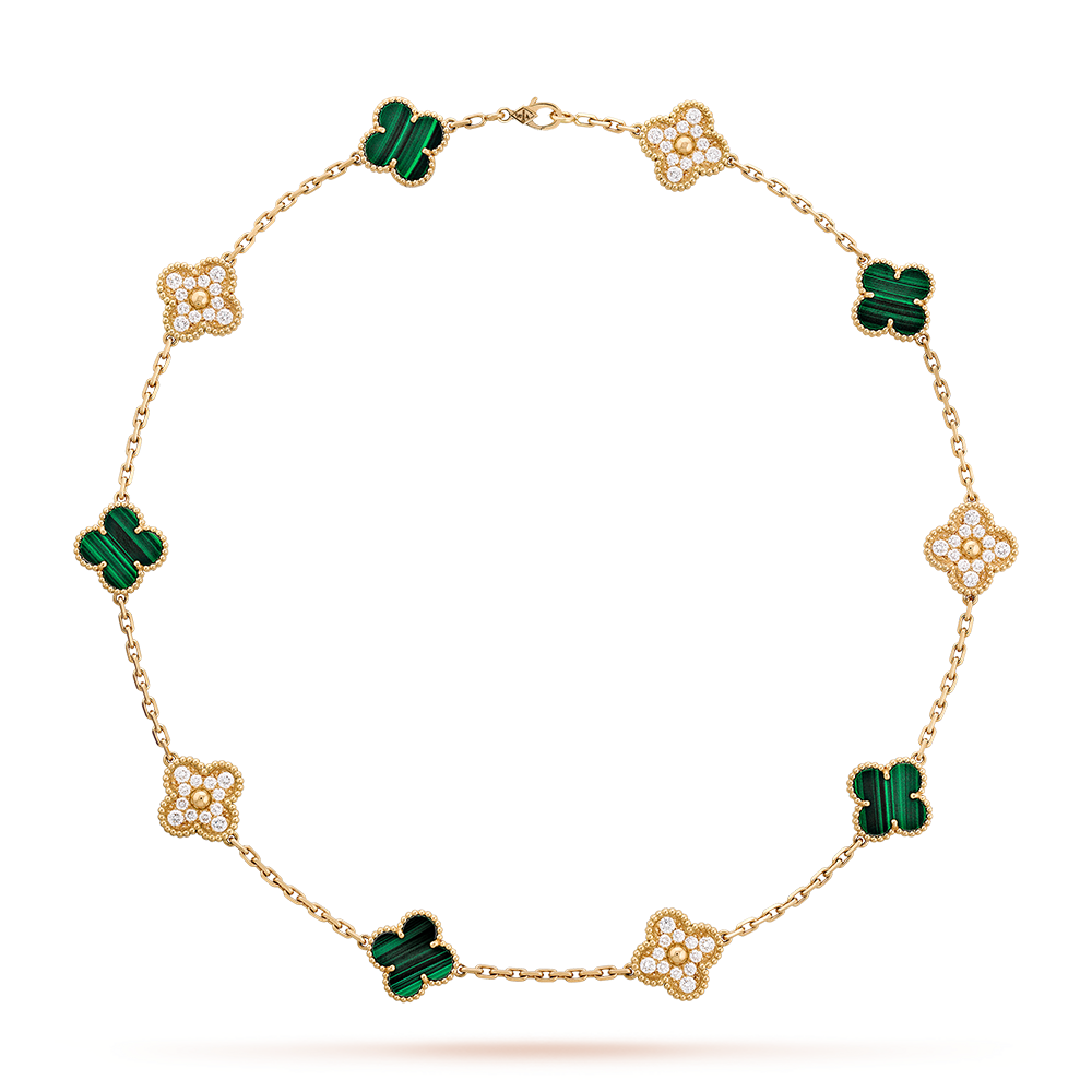 ˇGilded EraˇCLOVER 10 MOTIFS MALACHITE DIAMOND NECKLACE