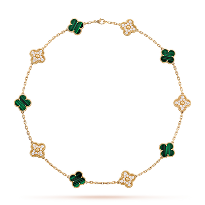 ˇGilded EraˇCLOVER 10 MOTIFS MALACHITE DIAMOND NECKLACE