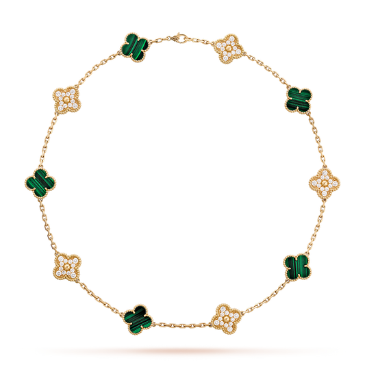 ˇGilded EraˇCLOVER 10 MOTIFS MALACHITE DIAMOND NECKLACE