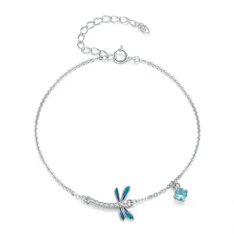 [STREET]Silver Green and Blue Enamel Dragonfly Bracelet Insect Chain Link for Women