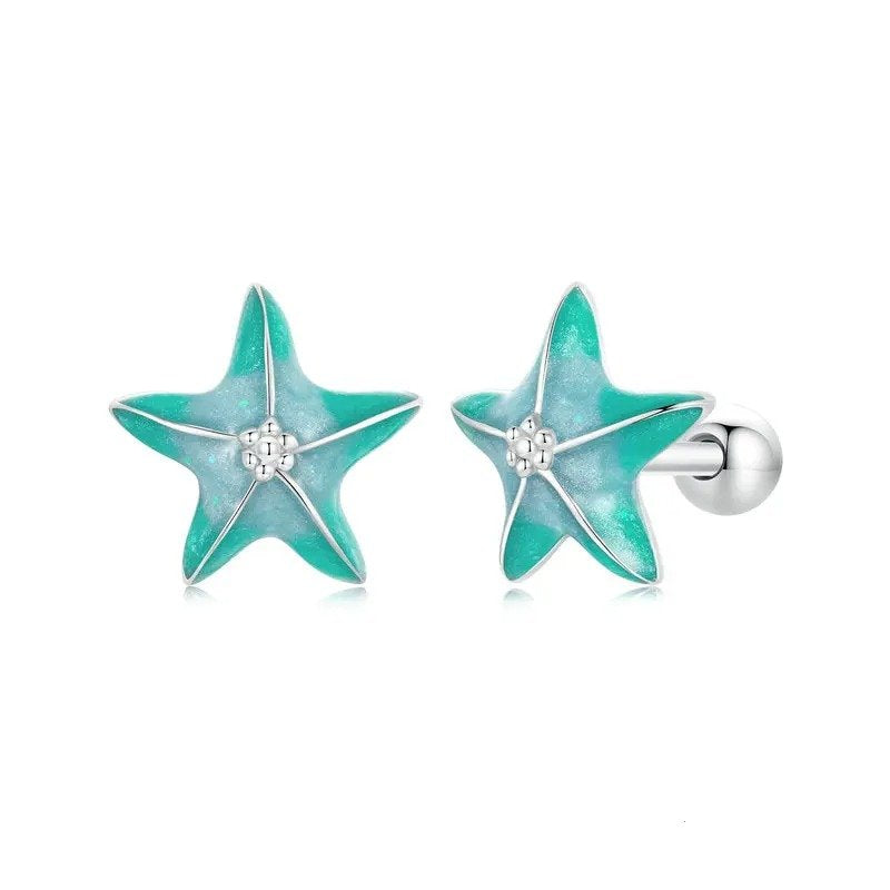[STREET]Blue Starfish Stud Earrings Platinum Plated Simple Earrings