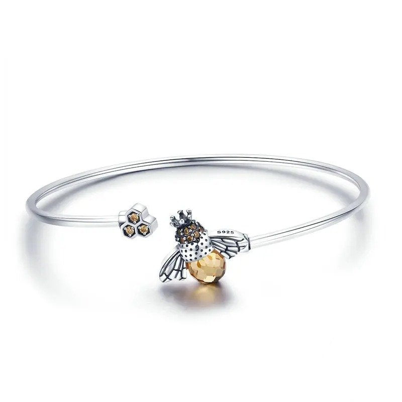 [STREET]Crystal Yellow Bee Bangle Silver Cute Insect Bracelets for Women