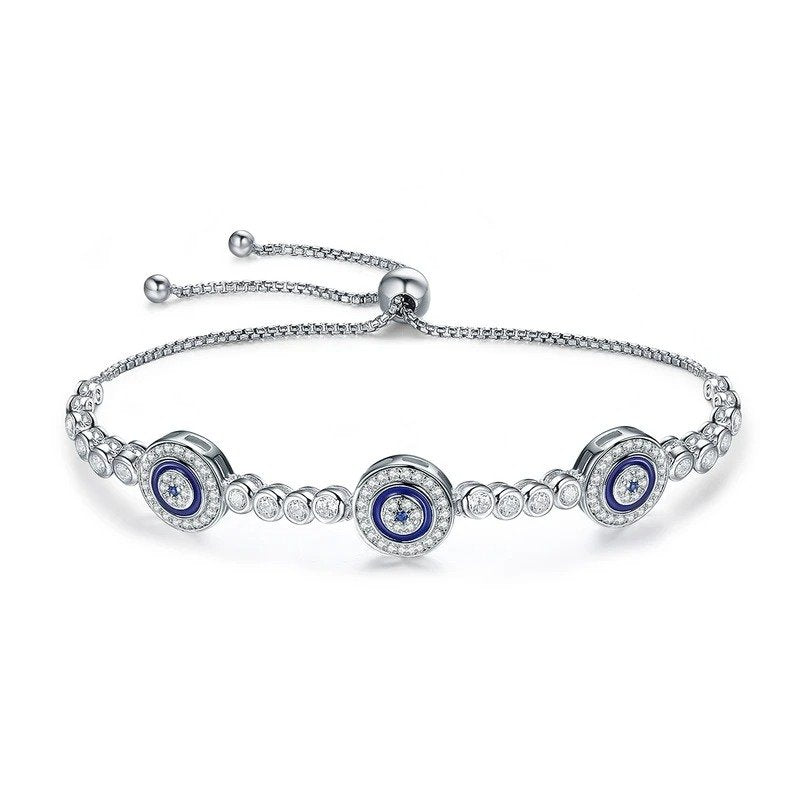 [STREET]Silver Luxury Round Blue Evil Eyes Clear Cubic Zircon Crystal