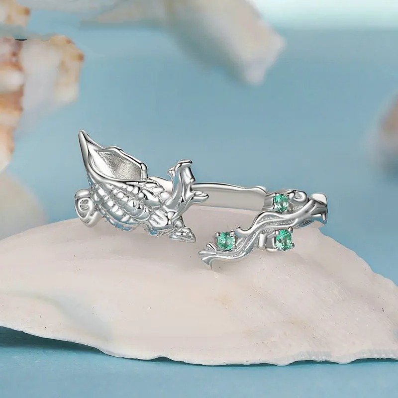 [STREET]Conch Open Ring Inlaid Green CZ Ocean Series Adjustable Rings