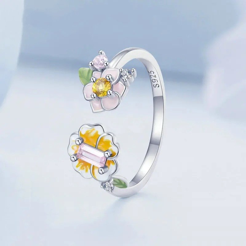 [STREET]Colorful Enamel Flower Adjustable Ring Yellow Zircon Open Ring