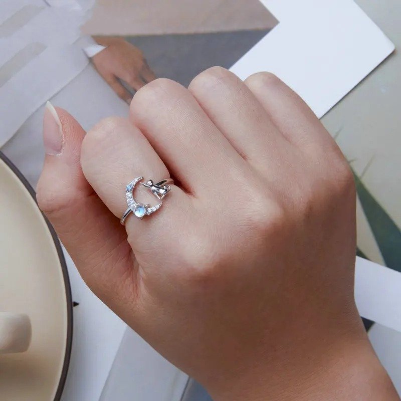 [STREET]Cat and Moon Cute Animal Opening Ring Moonstone Adjustable Ring
