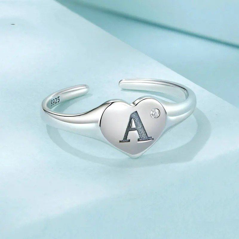 [STREET]Engraved Initial Letter A Open Ring Heart-shaped Adjustable Stackable Rings