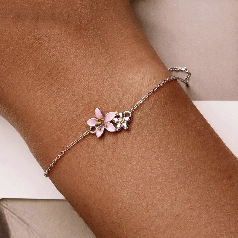 [STREET]Beautiful Cherry Blossom Bracelet Adjustable Silver Snake Chain Link