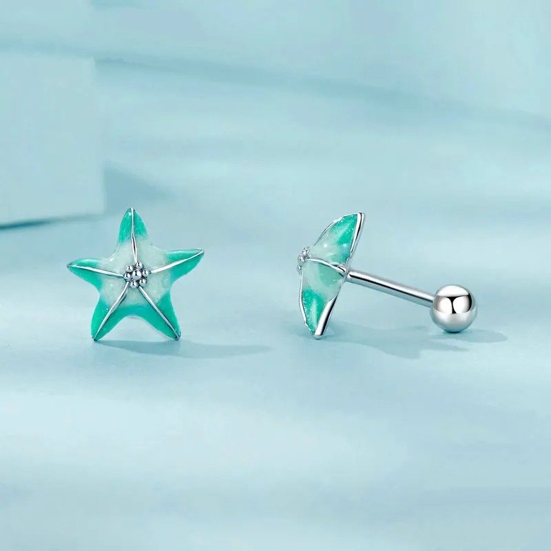 [STREET]Blue Starfish Stud Earrings Platinum Plated Simple Earrings