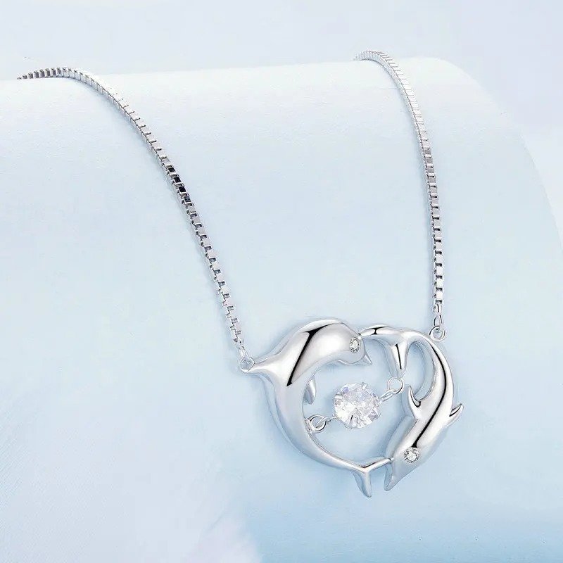 [STREET]Double Dolphins Necklace Shiny Zircon Love Neck Chain