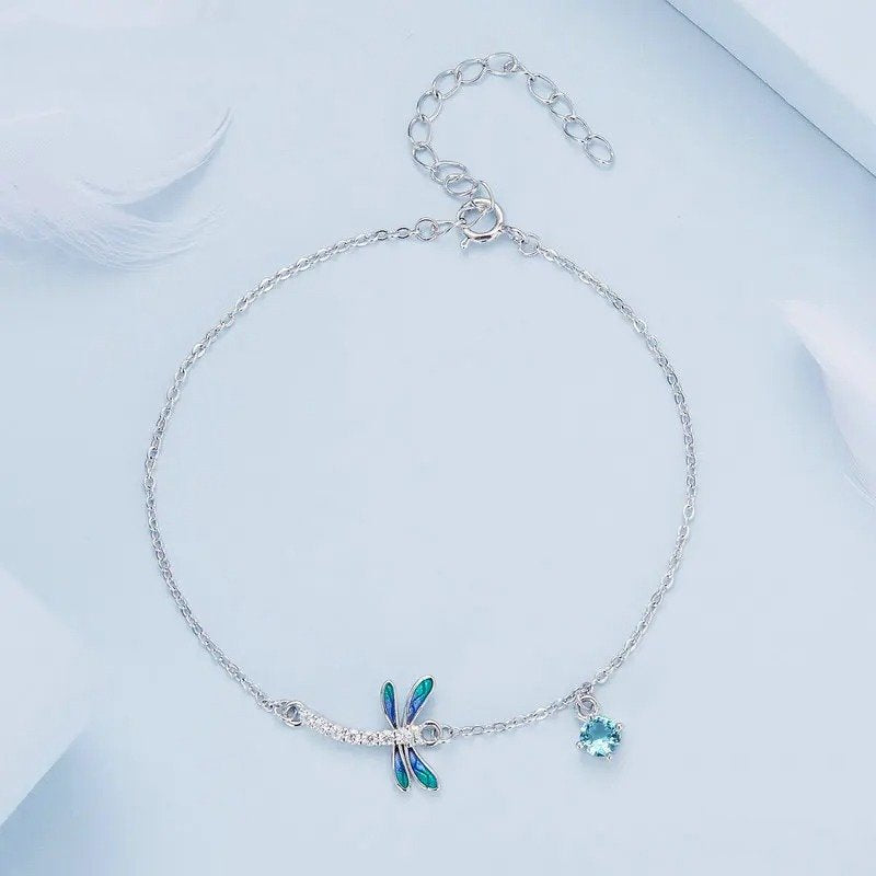 [STREET]Silver Green and Blue Enamel Dragonfly Bracelet Insect Chain Link for Women