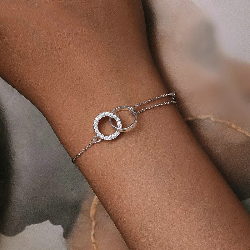 [STREET]Silver Double Circle Bracelet Eternity Adjustable Chain Link Platinum Plated