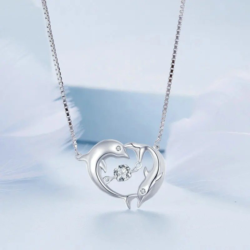 [STREET]Double Dolphins Necklace Shiny Zircon Love Neck Chain