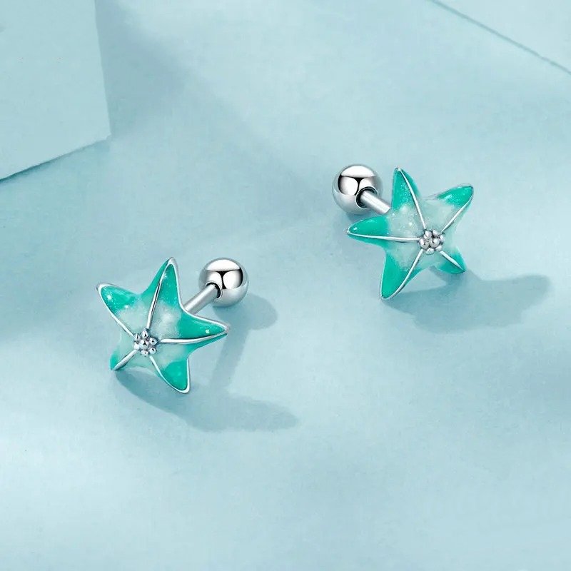[STREET]Blue Starfish Stud Earrings Platinum Plated Simple Earrings