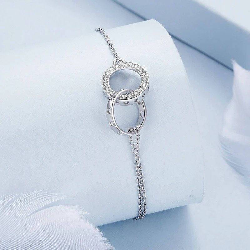 [STREET]Silver Double Circle Bracelet Eternity Adjustable Chain Link Platinum Plated