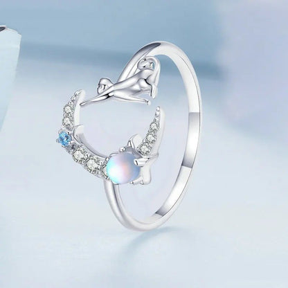 [STREET]Cat and Moon Cute Animal Opening Ring Moonstone Adjustable Ring
