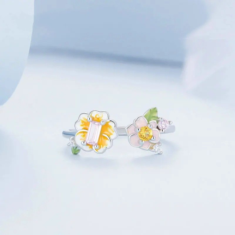 [STREET]Colorful Enamel Flower Adjustable Ring Yellow Zircon Open Ring
