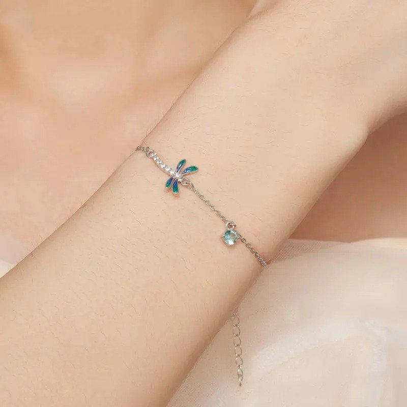 [STREET]Silver Green and Blue Enamel Dragonfly Bracelet Insect Chain Link for Women
