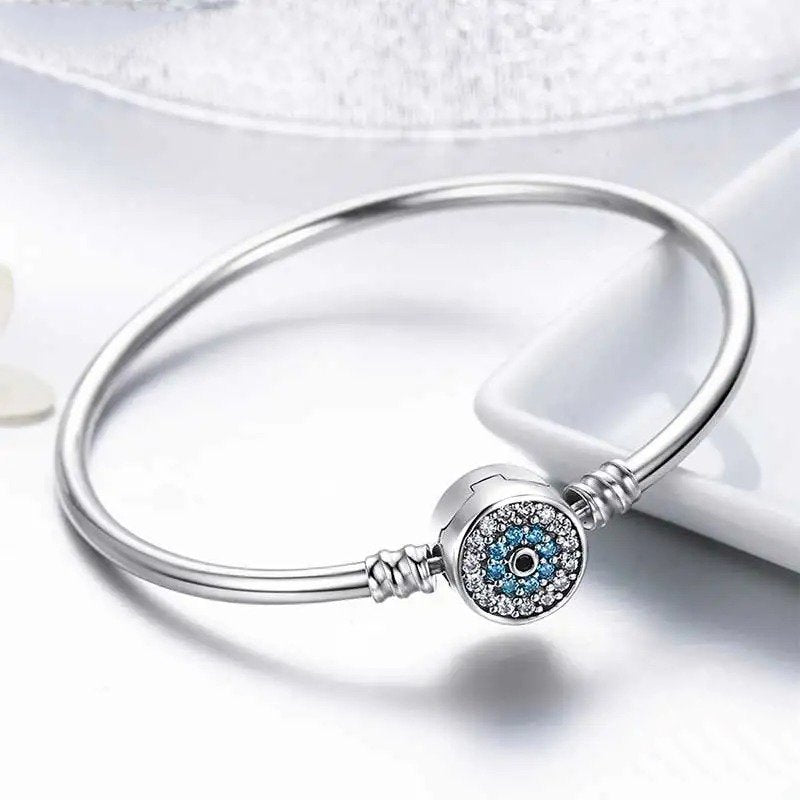 [STREET]Blue Evil Eye Bangle Demon Eye Charm Bracelet Clear CZ Luxury